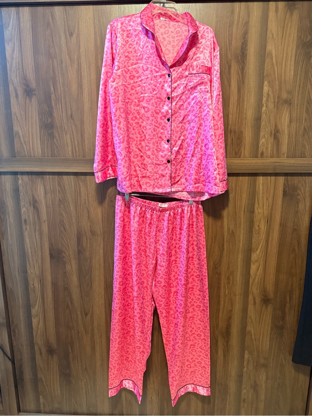 Pink Leopard-Print Satin Pajama Set, Size XL